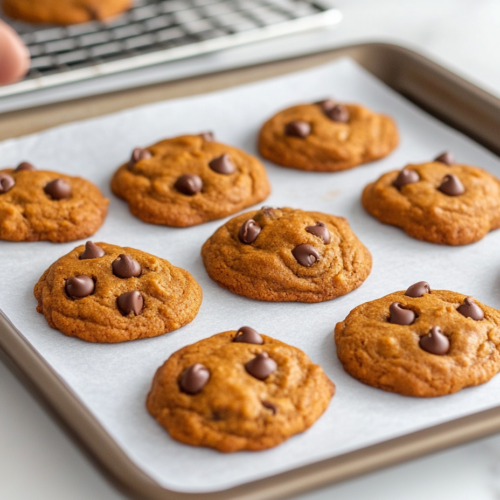 Freshly baked cookies on the baking sheet, cooling slightly on the white marble cooktop before being transferred to a wire rack. The cookies have a soft, golden appearance with a glossy top