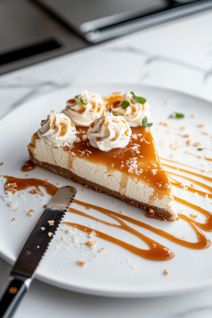 The chilled cheesecake is beautifully plated on a white dish. Swirls of whipped cream and drizzles of salted caramel sauce adorn the top. A knife, wet for a clean slice, is cutting a perfect piece on the white marble cooktop.