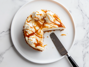 The chilled cheesecake is beautifully plated on a white dish. Swirls of whipped cream and drizzles of salted caramel sauce adorn the top. A knife, wet for a clean slice, is cutting a perfect piece on the white marble cooktop.