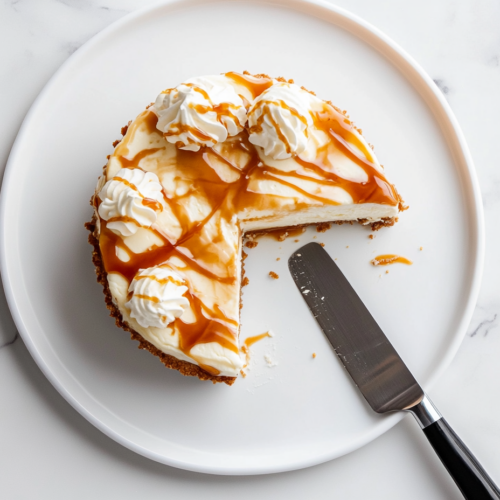 The chilled cheesecake is beautifully plated on a white dish. Swirls of whipped cream and drizzles of salted caramel sauce adorn the top. A knife, wet for a clean slice, is cutting a perfect piece on the white marble cooktop.