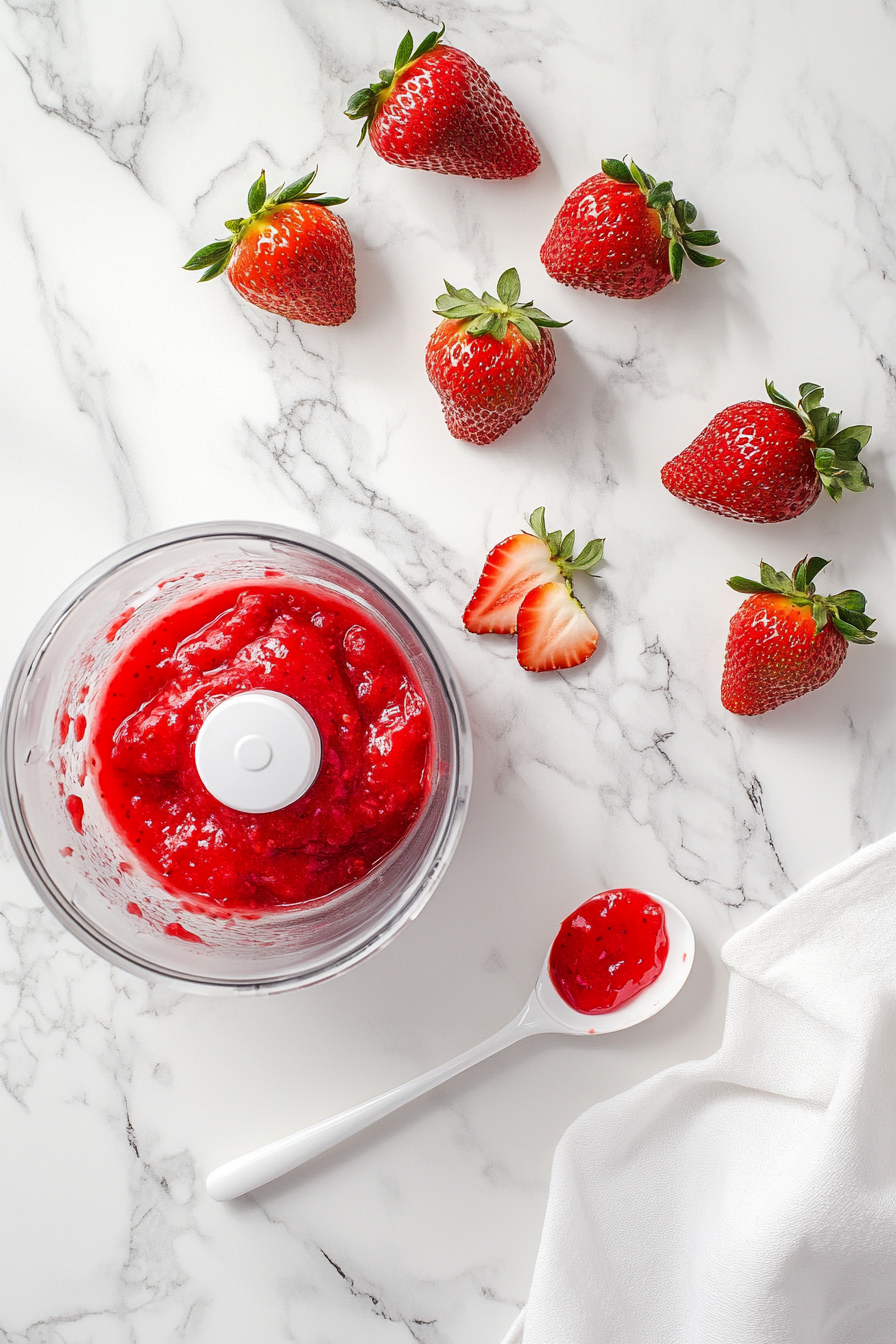 A food processor blending strawberries into a vibrant red puree on the white marble cooktop. A clean spoon rests beside it, with a few whole strawberries nearby.