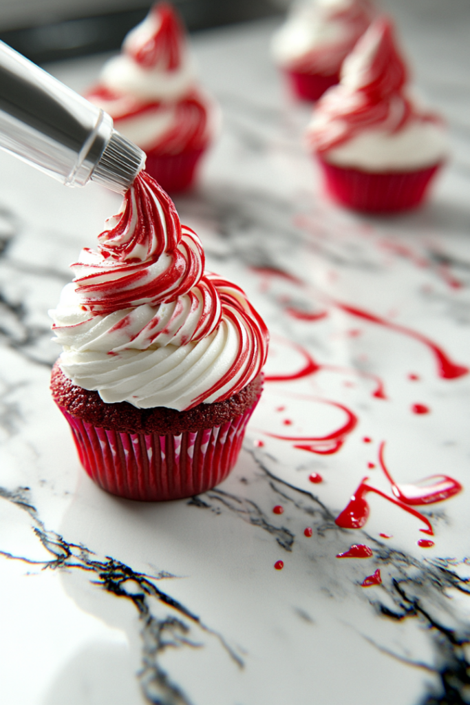 A piping bag filled with cream cheese frosting, decorating a cooled red velvet cupcake on the white marble cooktop. Swirls of creamy frosting top the vibrant cupcake, with a few finished cupcakes in the background