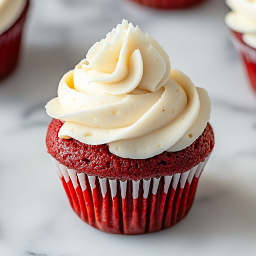 A piping bag filled with cream cheese frosting, decorating a cooled red velvet cupcake on the white marble cooktop. Swirls of creamy frosting top the vibrant cupcake, with a few finished cupcakes in the background