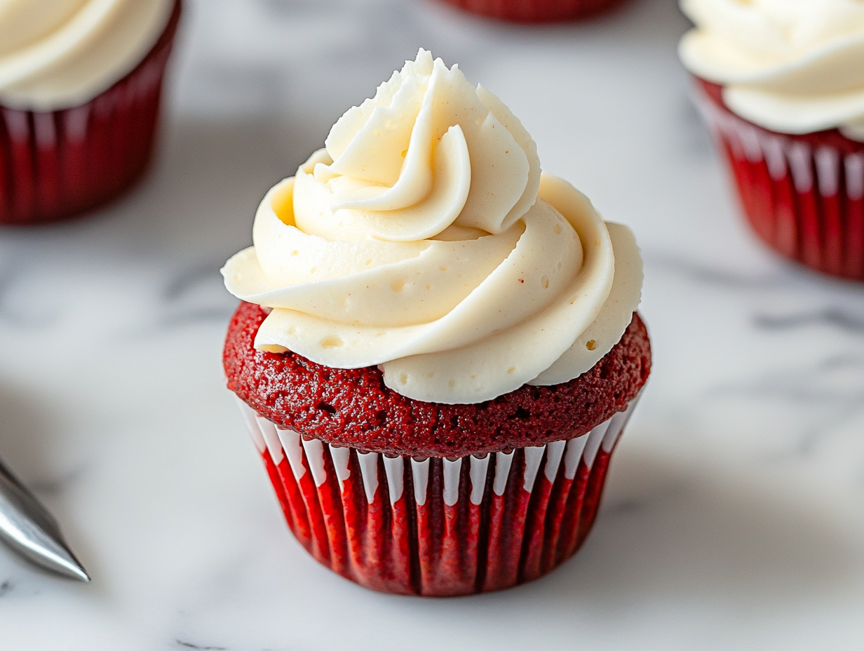 A piping bag filled with cream cheese frosting, decorating a cooled red velvet cupcake on the white marble cooktop. Swirls of creamy frosting top the vibrant cupcake, with a few finished cupcakes in the background