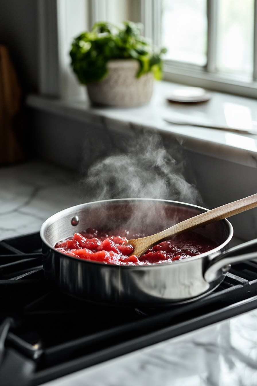 A small pot on the white marble cooktop with strawberry puree simmering gently, steam rising from it, and a wooden spoon resting on the side.