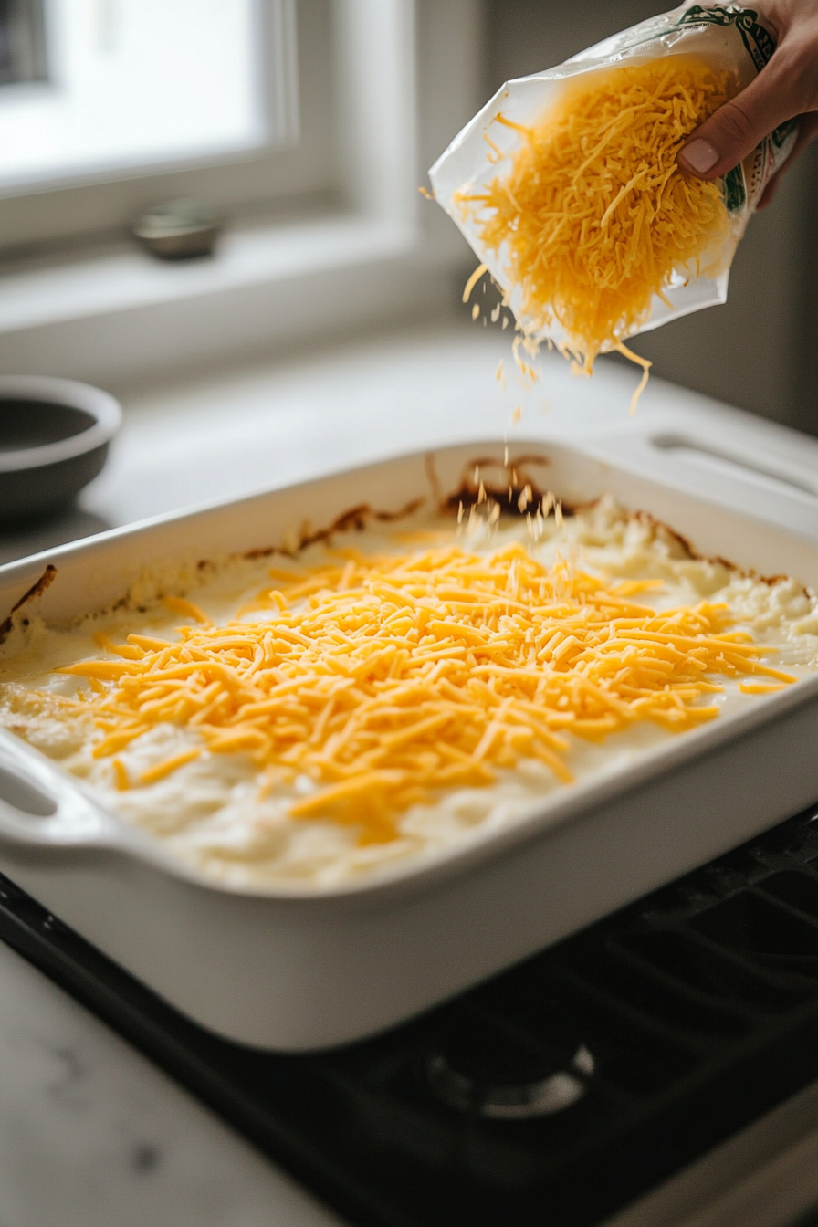 The casserole being removed from the oven, with shredded cheddar cheese being sprinkled generously on top. The white marble cooktop is in the background, and the golden-brown casserole is now topped with cheese.