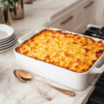 The casserole resting on the white marble cooktop for 5 minutes to set before serving. The dish is golden and bubbly, with a spoon ready to serve a portion