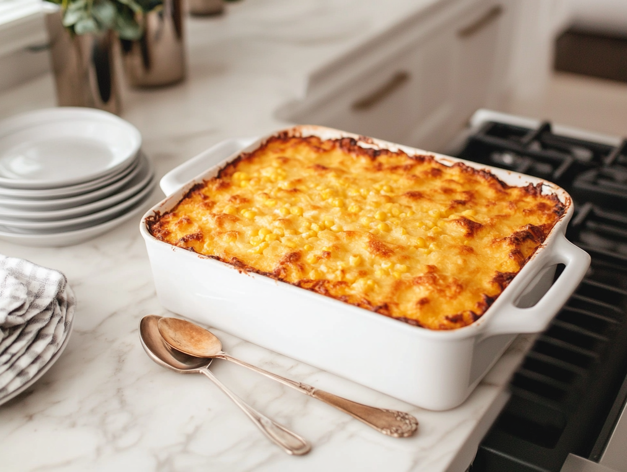 The casserole resting on the white marble cooktop for 5 minutes to set before serving. The dish is golden and bubbly, with a spoon ready to serve a portion