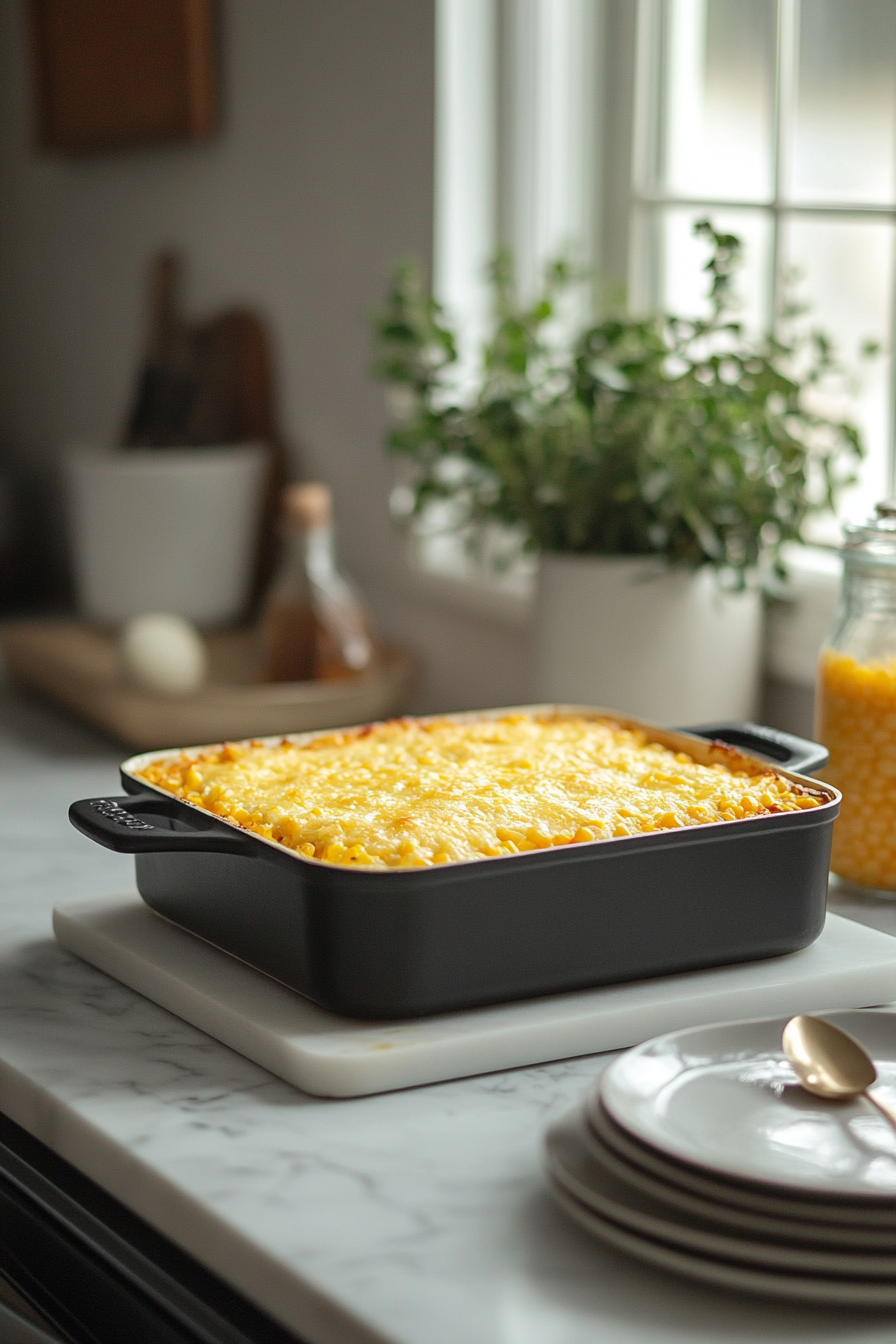 The casserole resting on the white marble cooktop for 5 minutes to set before serving. The dish is golden and bubbly, with a spoon ready to serve a portion