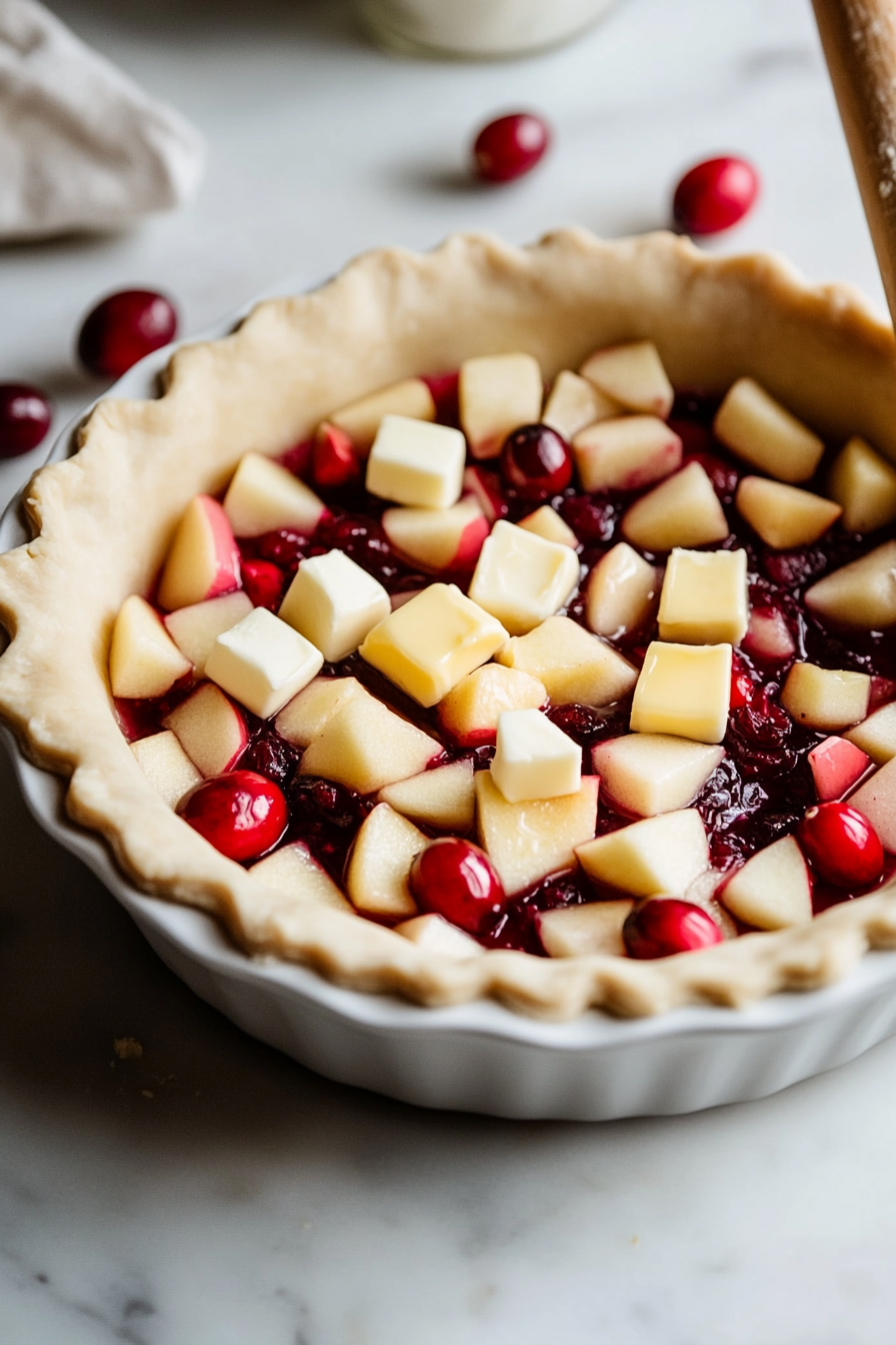 The first dough disc is being rolled out into a 12-inch circle on the white marble cooktop with a wooden rolling pin. The crust is gently placed into a 9-inch pie dish, its edges neatly tucked. The bright apple and cranberry filling is spooned into the dish, with small cubes of butter dotting the surface.