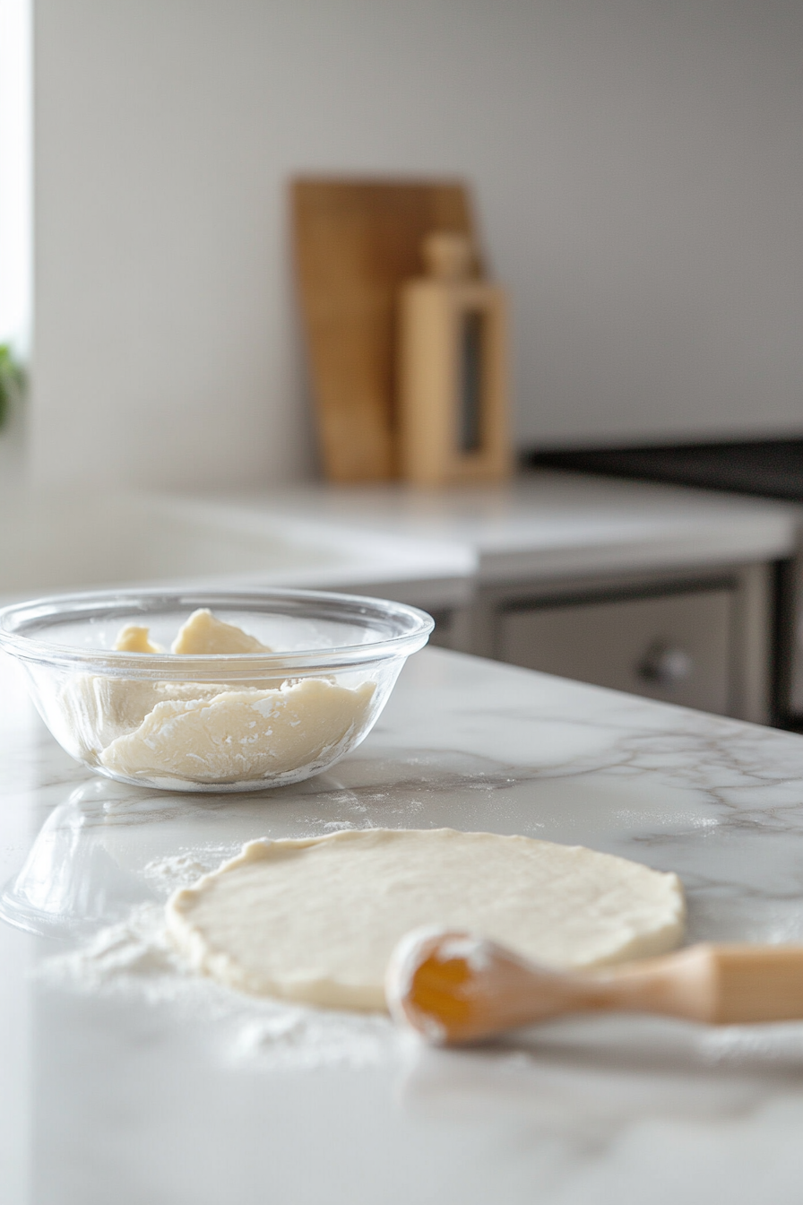 Pie dough is rolled into a perfect circle on a lightly floured marble surface while a 9×2-inch pie dish sits ready on the white marble cooktop. A glass mixing bowl with dough remnants is set aside, and neatly trimmed dough edges are visible.