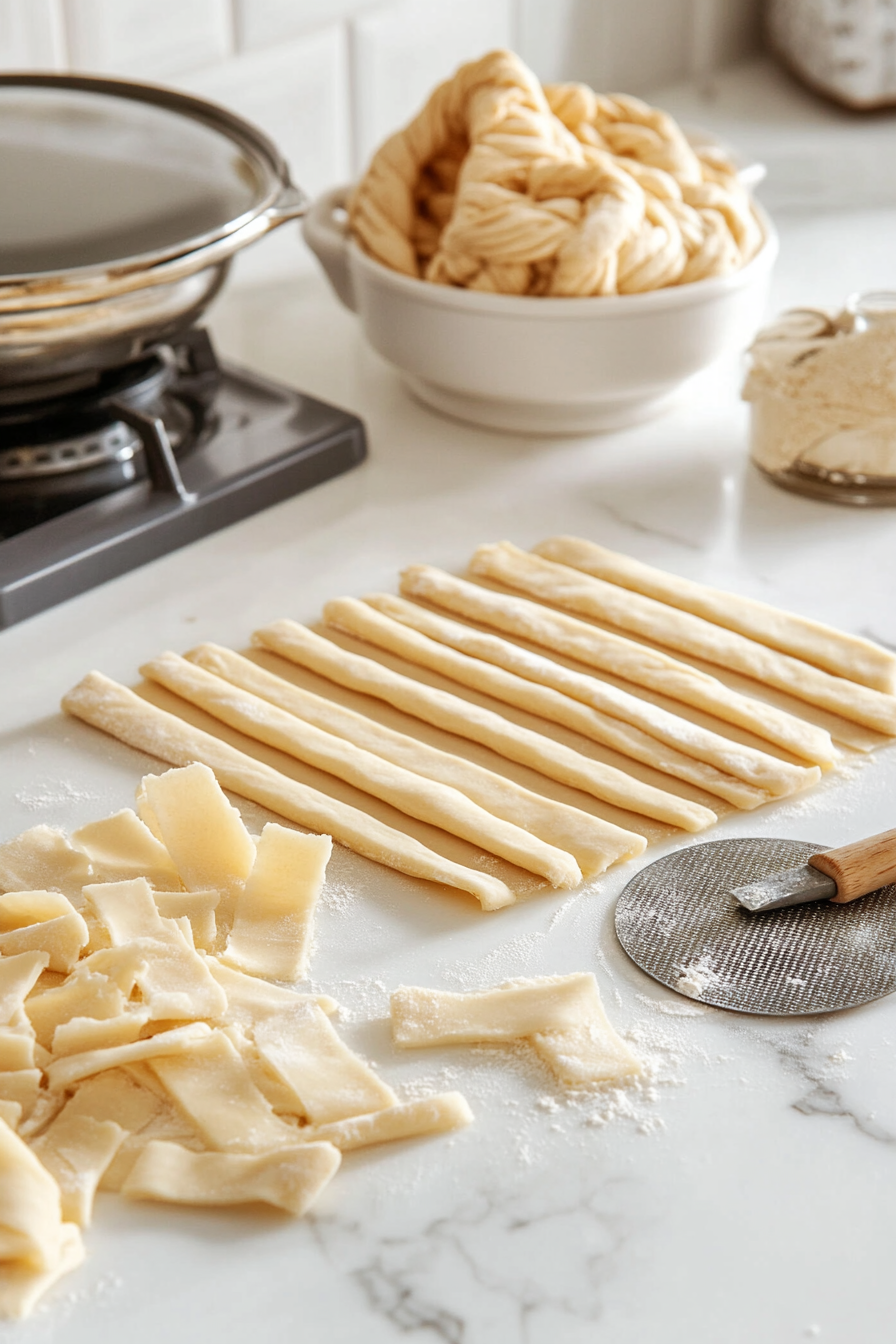 The second dough disc being rolled out on the white marble cooktop. A pastry wheel is cutting strips of dough for the lattice top, and a few braided strips are arranged neatly nearby for decoration.