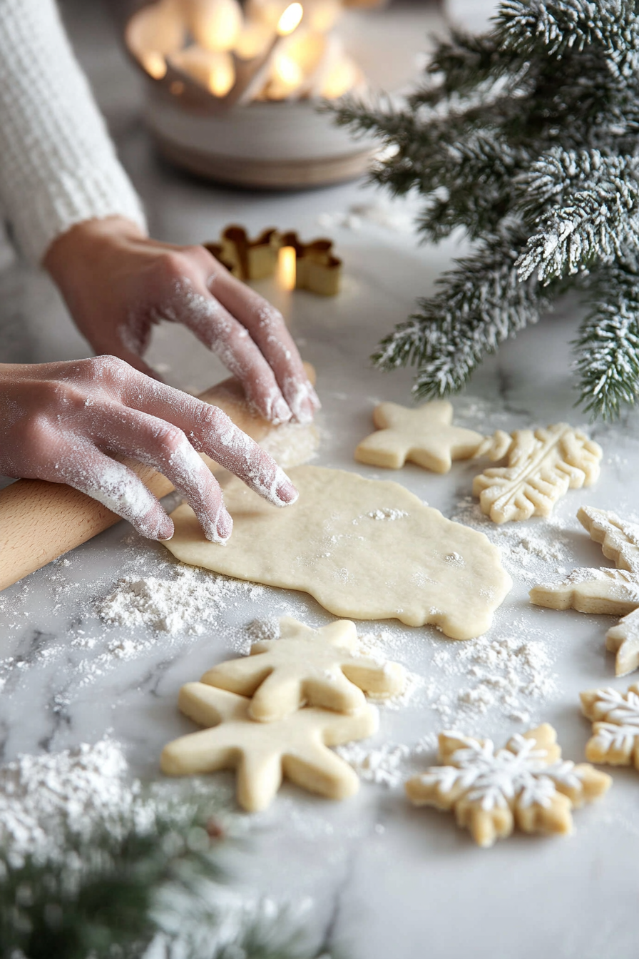 A floured work surface on the white marble cooktop features a chilled dough disc being rolled out to ¼-inch thickness. Cookie cutters press into the dough, forming festive gingerbread shapes.