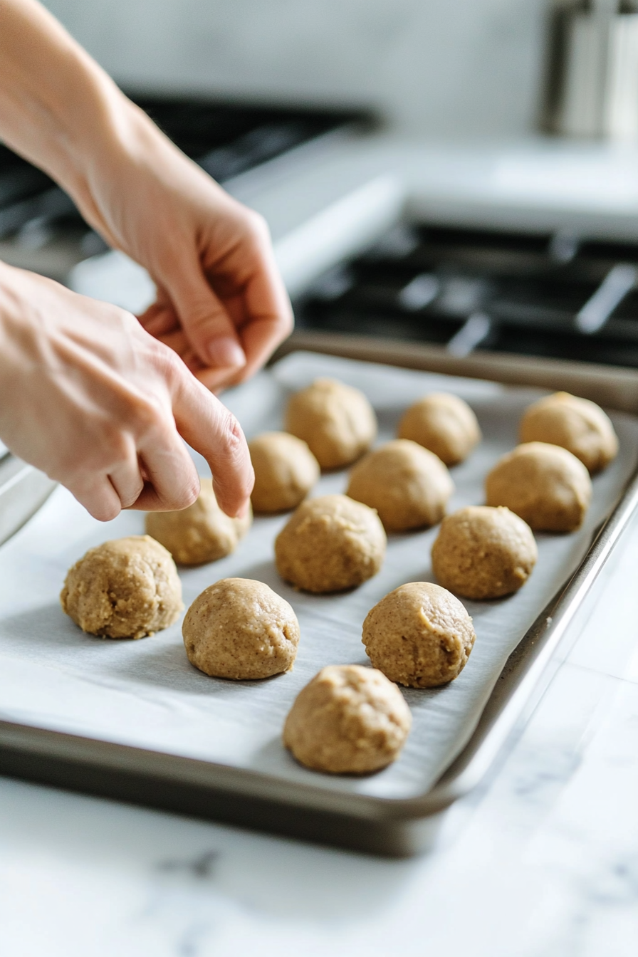 Hands are rolling dough into 1-inch balls and placing them 1 inch apart on an ungreased baking sheet on a white marble cooktop. Some dough remains on the hands, and the dough balls are smooth and ready for baking.