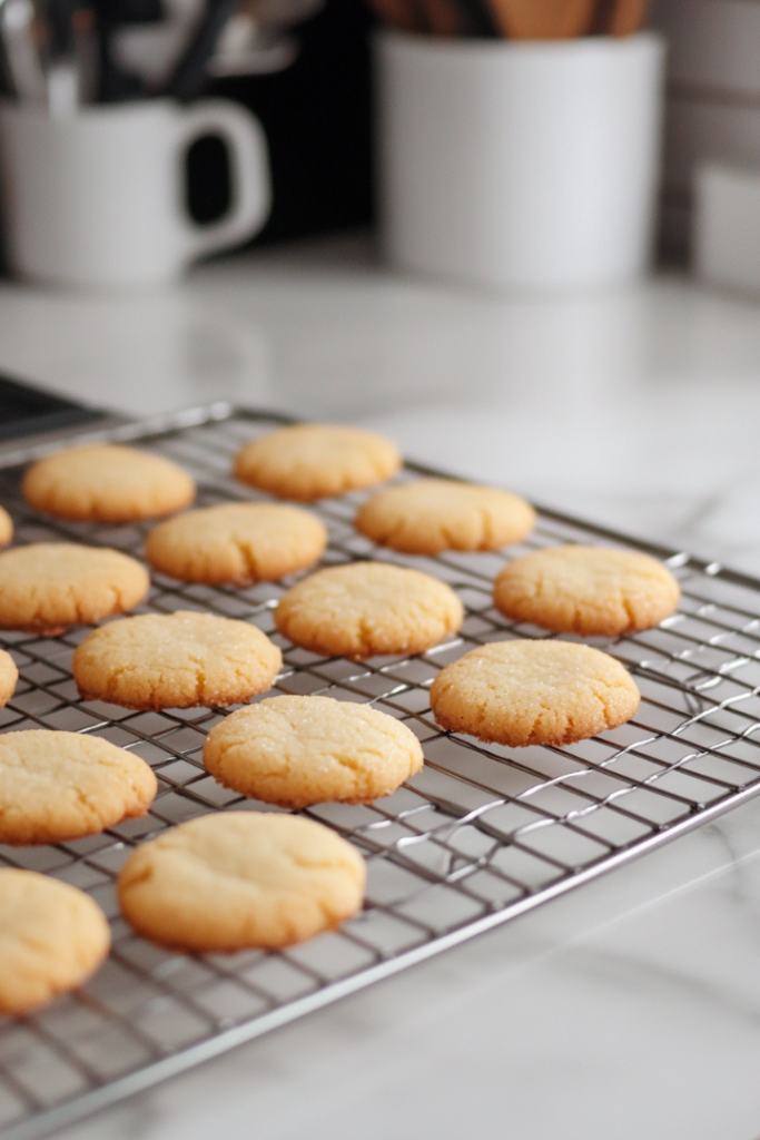 "Freshly baked sugar cookies are cooling on a wire rack over the white marble cooktop. The cookies have golden edges, with some plain and others ready for decorating."