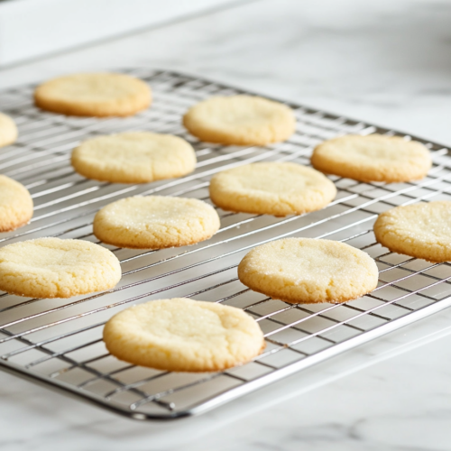 "Freshly baked sugar cookies are cooling on a wire rack over the white marble cooktop. The cookies have golden edges, with some plain and others ready for decorating."