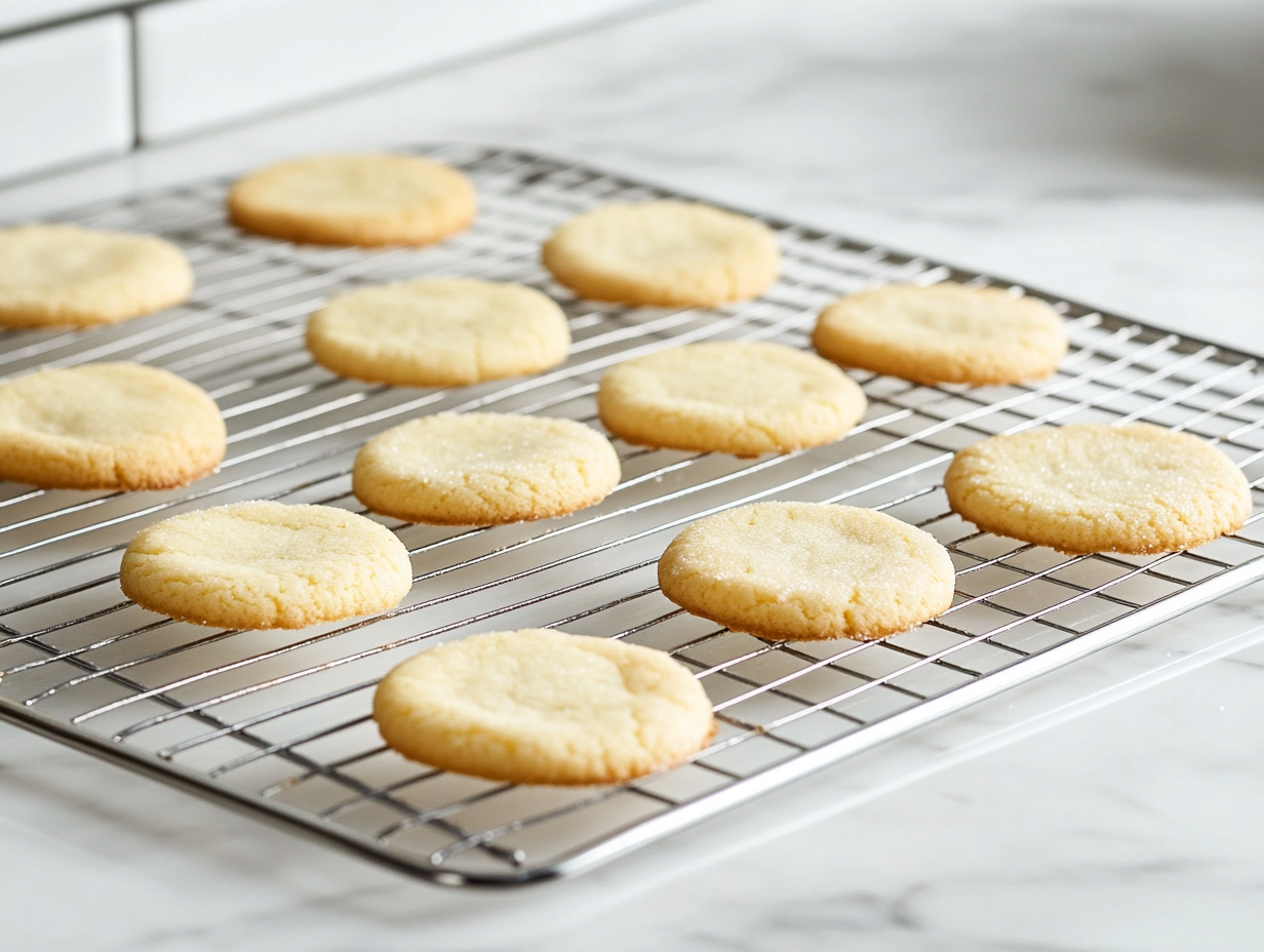 "Freshly baked sugar cookies are cooling on a wire rack over the white marble cooktop. The cookies have golden edges, with some plain and others ready for decorating."