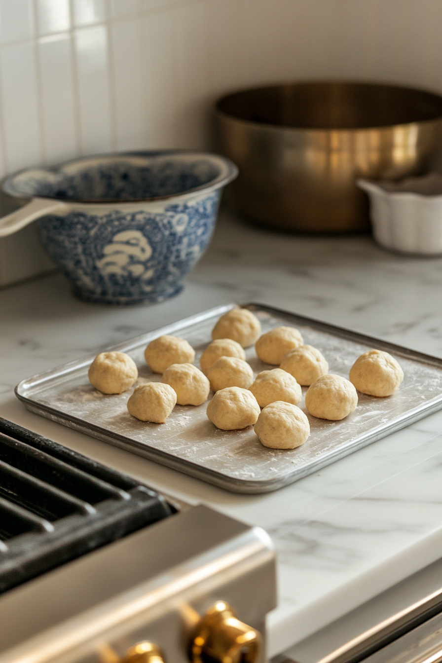 The white marble cooktop with a spoonful of cookie dough being rolled into a ball and then coated in the sugar-cinnamon mixture, with the prepared baking sheets nearby.