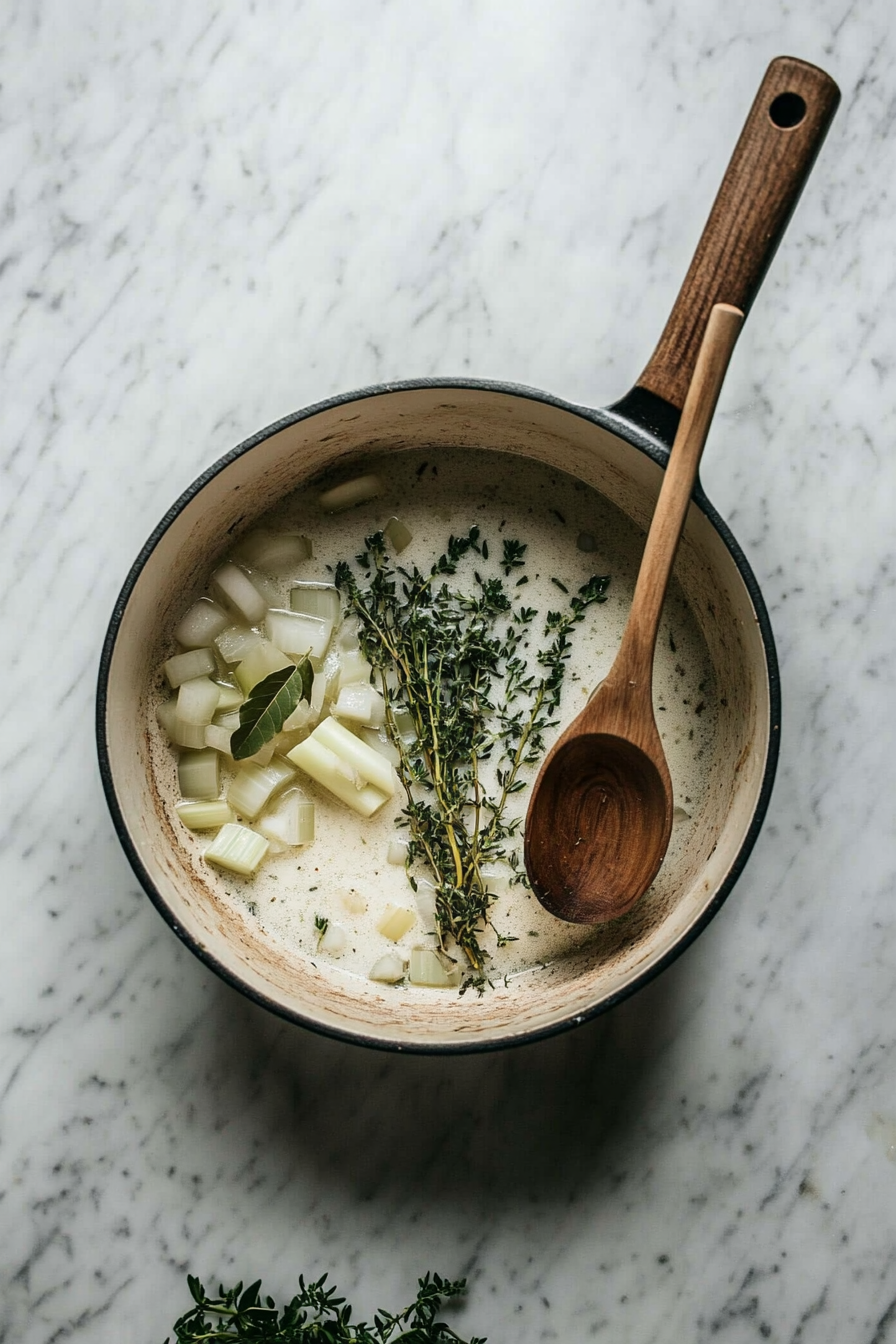 Depict a saucepan on the white marble cooktop with butter melted to a golden sheen. Chopped onions, celery, thyme, and a bay leaf are sautéing gently, creating a fragrant and rich base. A wooden spoon rests on the side of the saucepan