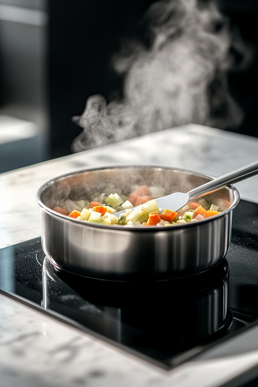 The soup pot on the white marble cooktop contains finely diced yellow onion, carrots, leek, and celery sautéing together. A spatula stirs the mixture, and gentle steam rises from the pot