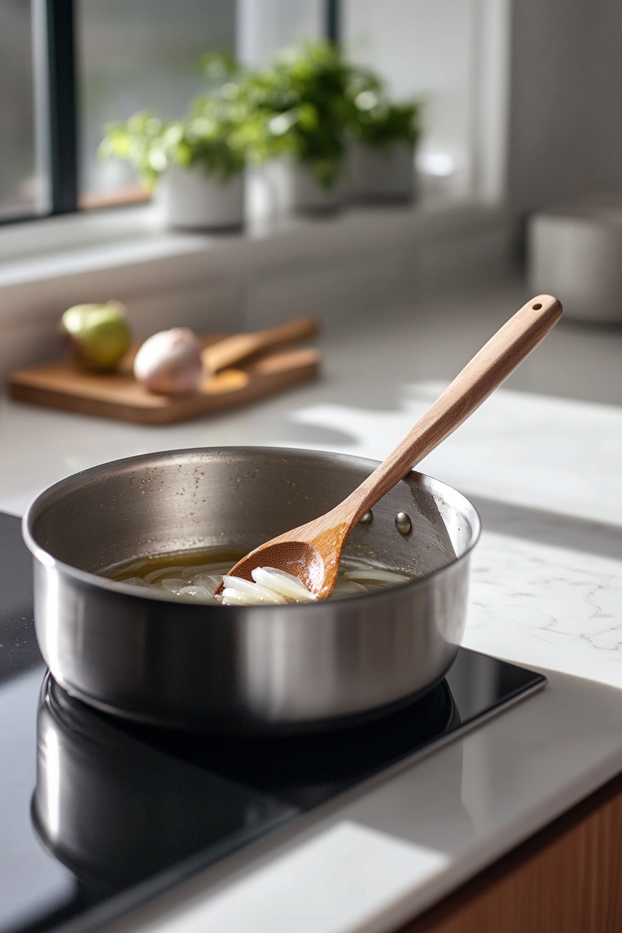 Show a saucepan on the white marble cooktop, with olive oil and butter bubbling inside. Thinly sliced onions are being sautéed, starting to turn golden brown. A wooden spoon rests in the pan, ready for stirring.