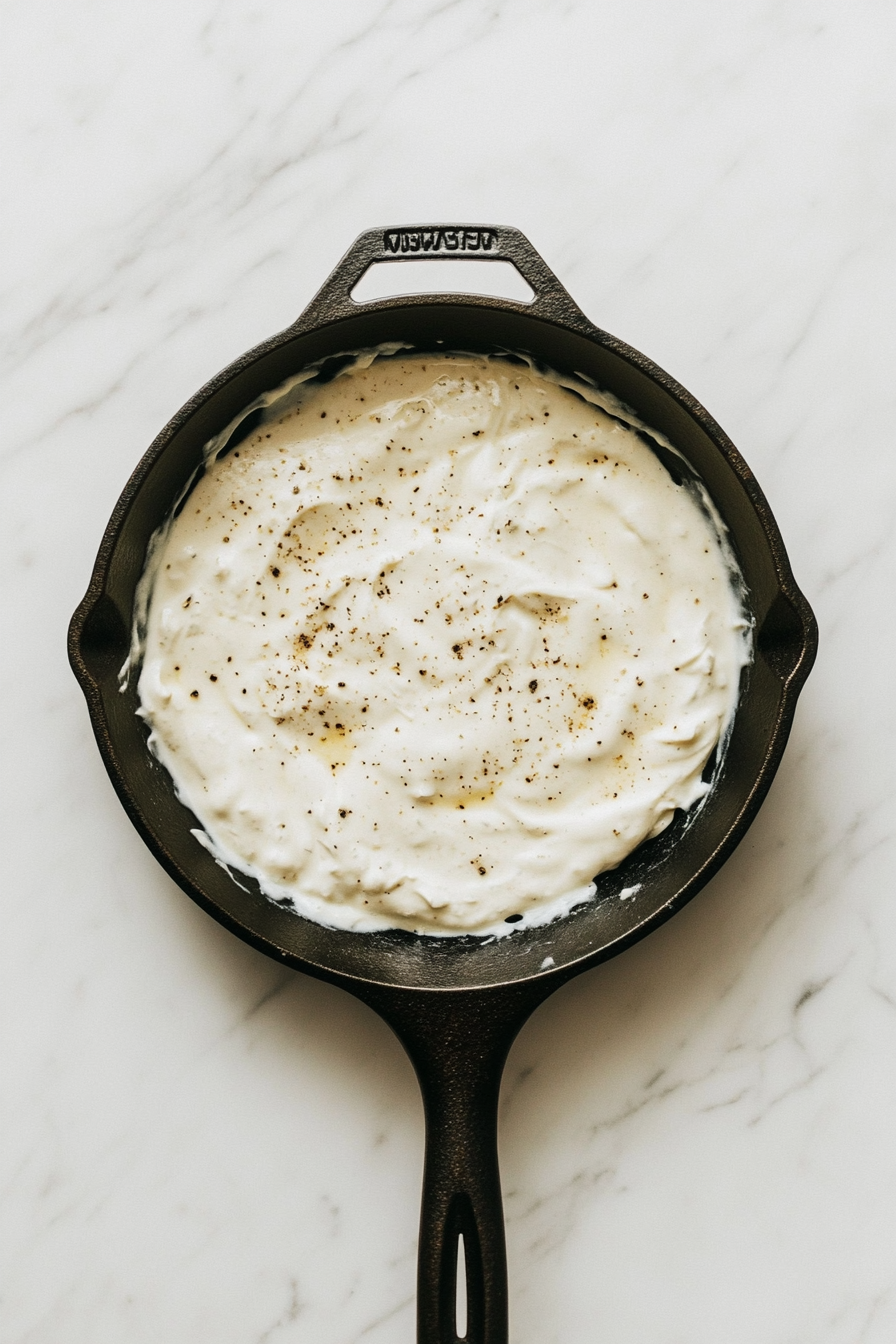 Minced garlic sizzles in melted butter in a cast-iron skillet on the white marble cooktop. The garlic is lightly golden and fragrant, creating a rich aromatic base for the dish.