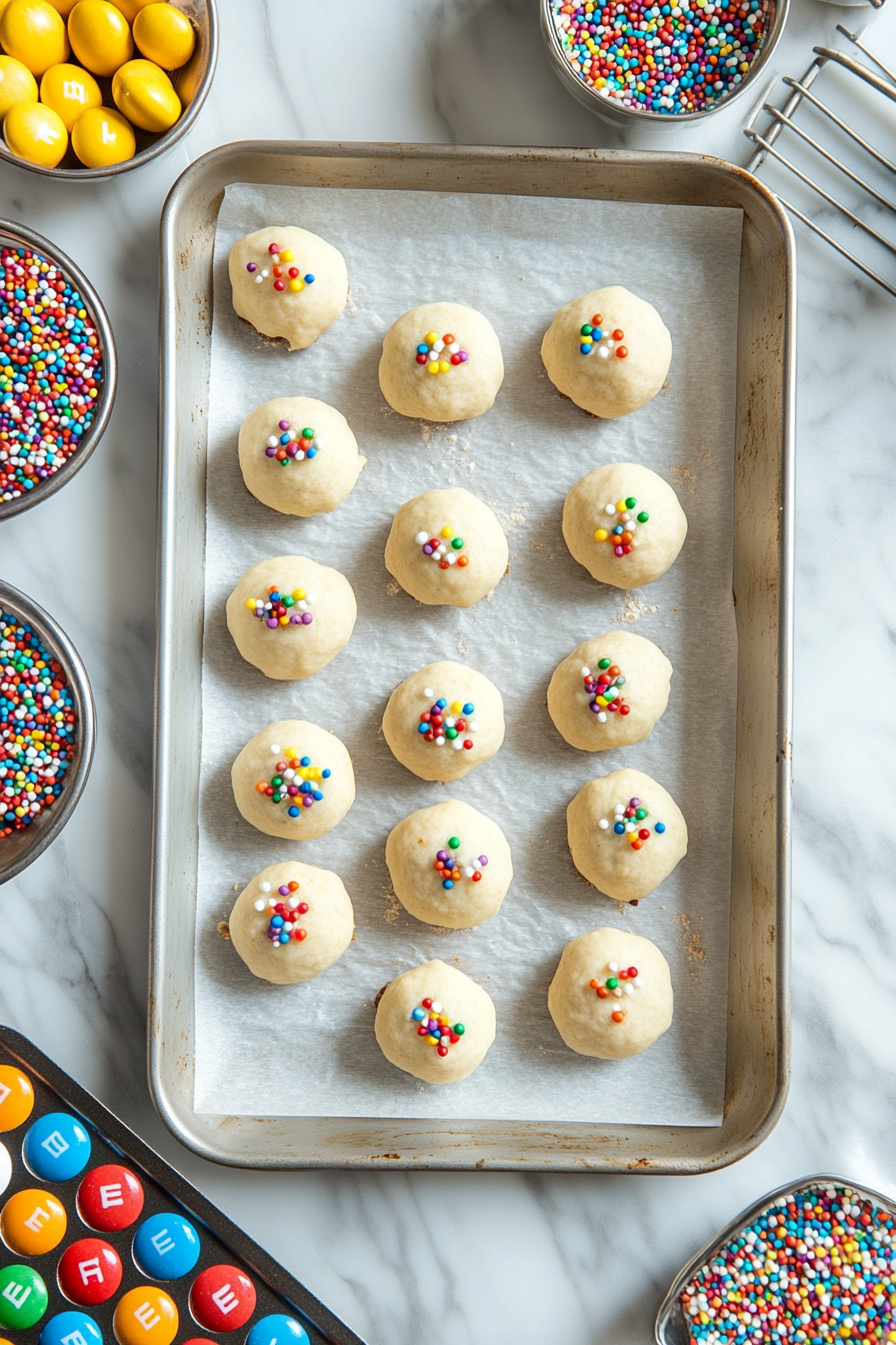 Cookie dough balls being scooped and placed on parchment-lined baking sheets on the white marble cooktop, with extra M&M’s and sprinkles added for a decorative touch.