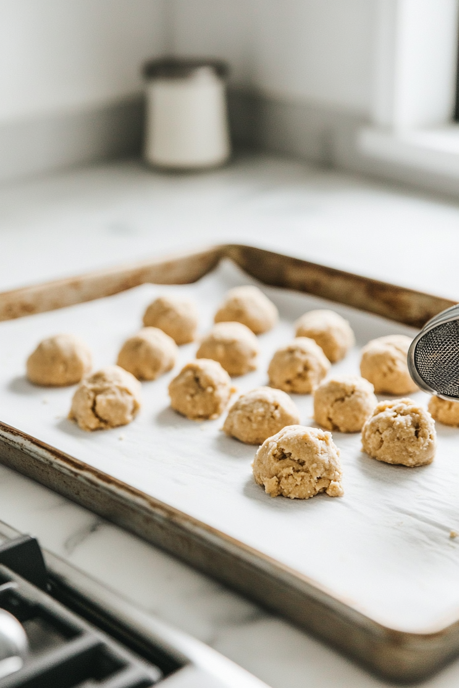 Cookie dough being scooped with a two-tablespoon-sized scoop and placed onto a parchment-lined baking sheet. The baking sheet sits on the white marble cooktop with evenly spaced dough balls