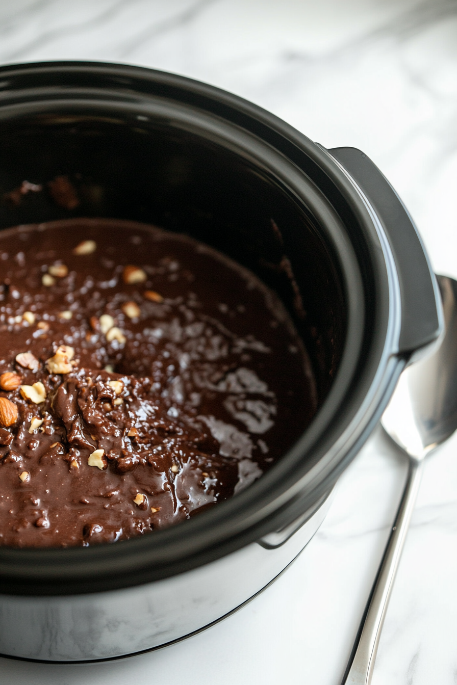 A hand uses an ice cream scoop to place small mounds of chocolate-covered peanuts onto parchment paper on a baking sheet. The slow cooker remains on the white marble cooktop in the background.