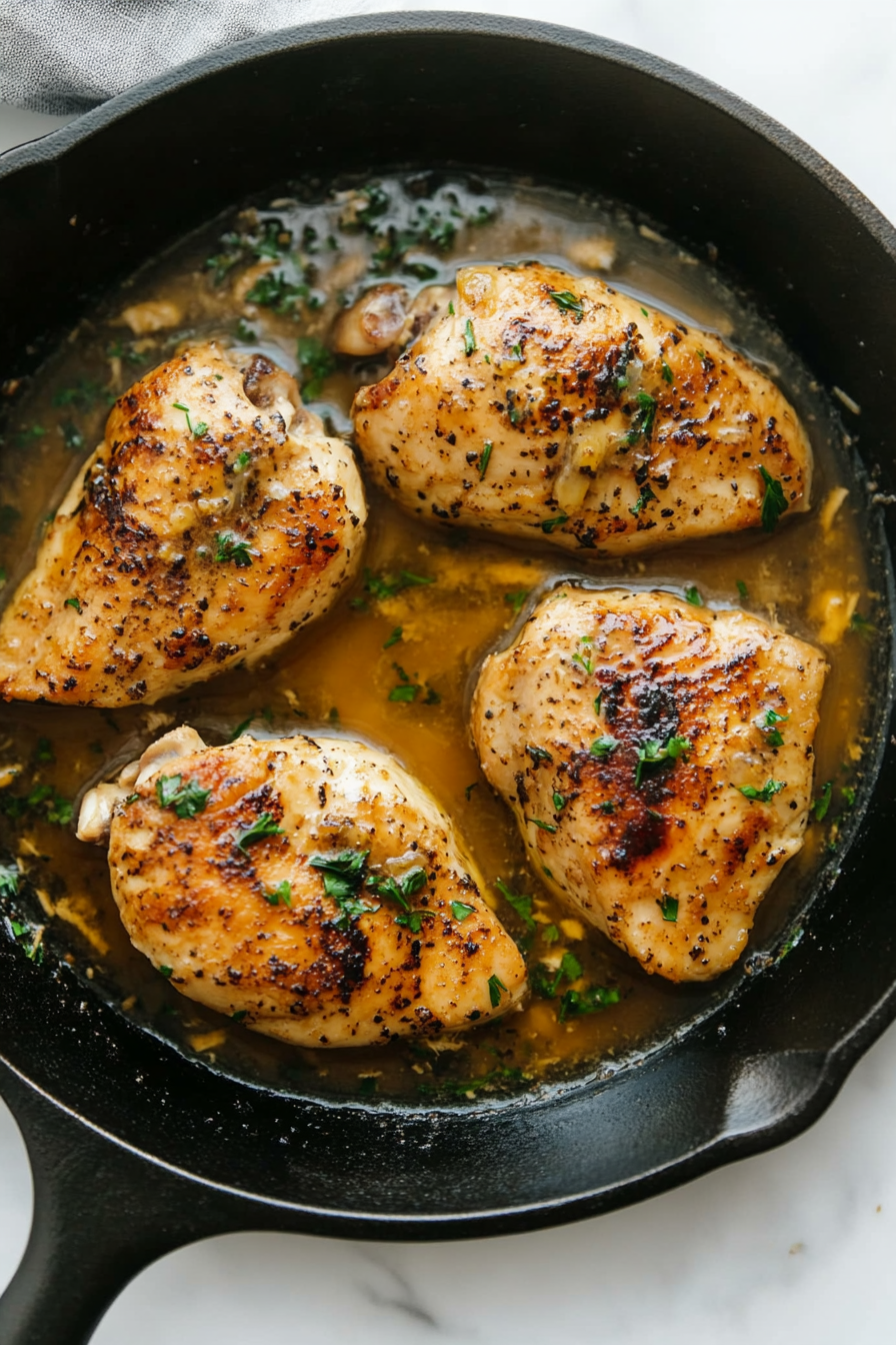 Slices of chicken breast, seasoned with salt and pepper, are seared to a light golden brown in a cast-iron skillet on the white marble cooktop. A pat of melting butter adds a glistening texture, enhancing the sizzling appearance of the dish.