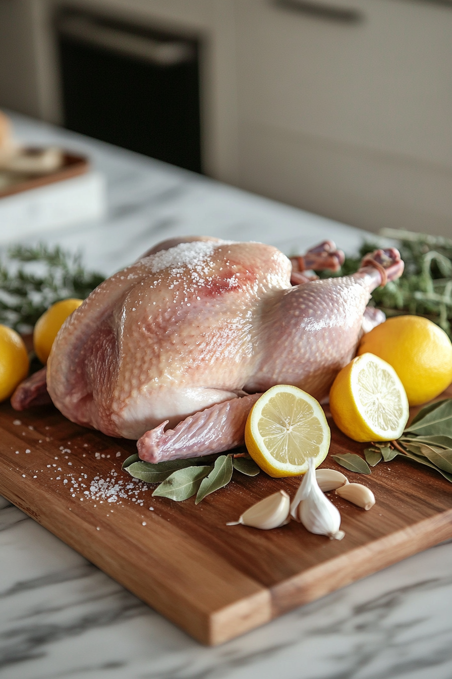 A raw turkey rests on a large wooden cutting board as its cavity is generously seasoned with salt and pepper. Lemon halves, garlic cloves, and bay leaves are positioned nearby, ready for stuffing.