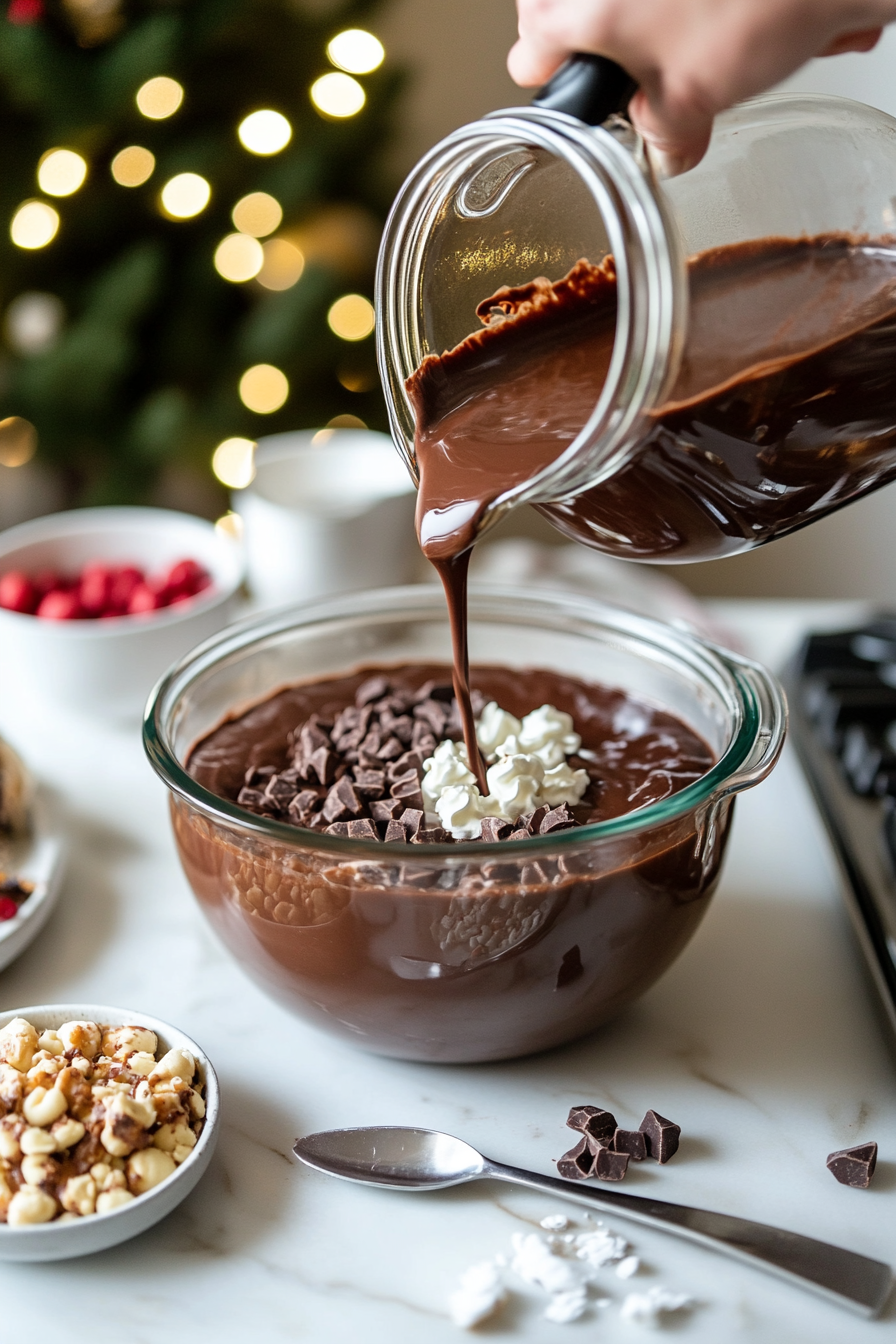 "A steaming mug is filled with rich hot chocolate from the slow cooker, garnished with marshmallows, whipped cream, and a candy cane. The slow cooker remains on the white marble cooktop, surrounded by jars of toppings for customization."