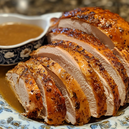 Carved slices of turkey with golden-brown skin and juicy meat are arranged on a serving plate. A rich gravy boat sits nearby, ready for drizzling.