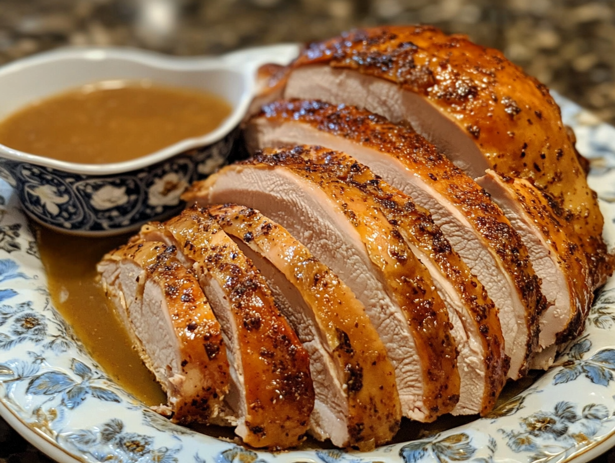 Carved slices of turkey with golden-brown skin and juicy meat are arranged on a serving plate. A rich gravy boat sits nearby, ready for drizzling.