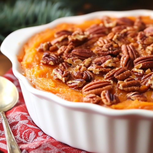 The finished sweet potato casserole sits on a festive dinner table. Its golden, crispy pecan topping glistens, and a serving spoon lies beside the dish, ready to serve alongside a holiday meal.