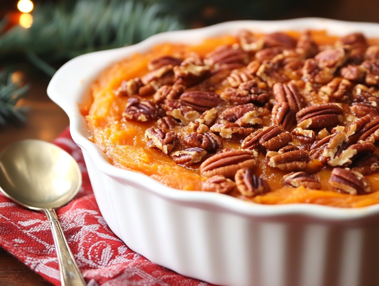 The finished sweet potato casserole sits on a festive dinner table. Its golden, crispy pecan topping glistens, and a serving spoon lies beside the dish, ready to serve alongside a holiday meal.