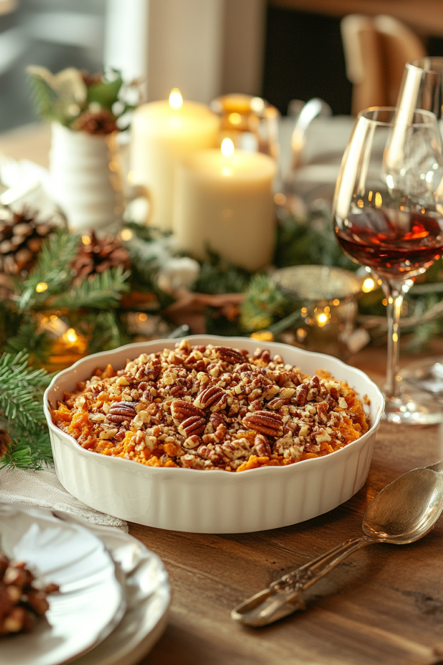 The finished sweet potato casserole sits on a festive dinner table. Its golden, crispy pecan topping glistens, and a serving spoon lies beside the dish, ready to serve alongside a holiday meal.