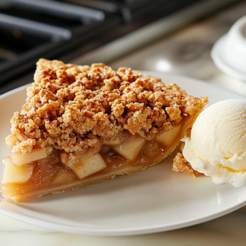 A slice of apple crumble pie is served on a white plate, sitting on the white marble cooktop. The golden, crunchy crumble topping contrasts with the warm, spiced apple filling, complemented by a melting scoop of vanilla ice cream. A covered dish in the background suggests storage for leftovers.