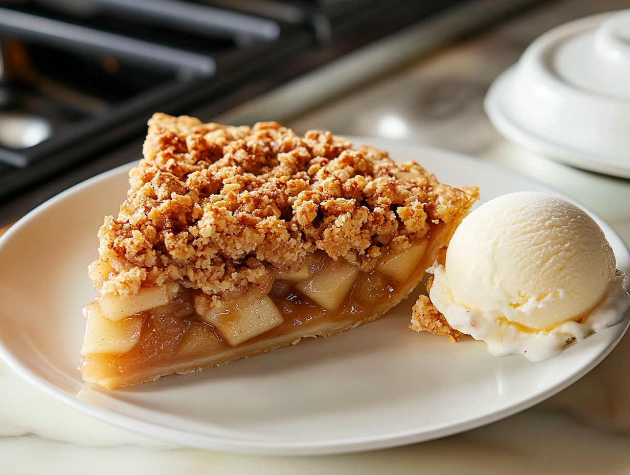 A slice of apple crumble pie is served on a white plate, sitting on the white marble cooktop. The golden, crunchy crumble topping contrasts with the warm, spiced apple filling, complemented by a melting scoop of vanilla ice cream. A covered dish in the background suggests storage for leftovers.