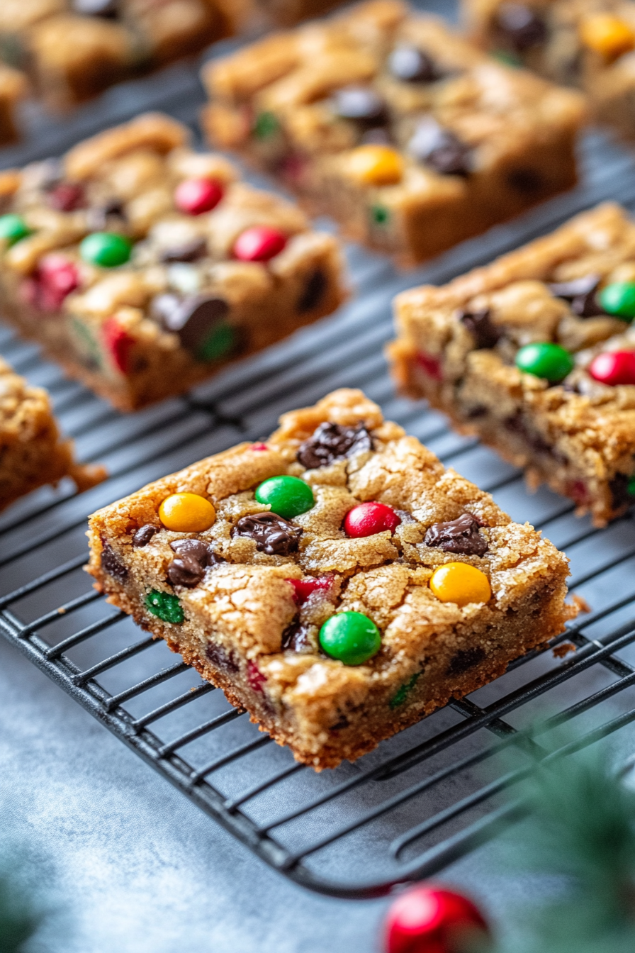 Golden-brown cookie bars are sliced neatly into squares on a wooden cutting board. Their festive mix-ins—M&Ms, caramel, chocolate chips, and sprinkles—are visible. A cooling rack and holiday-themed napkin are in the background