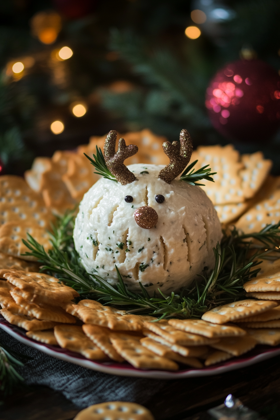 The festive reindeer cheese ball is arranged on a serving platter on the white marble cooktop, surrounded by a variety of crackers and garnished with fresh herbs for a holiday touch.