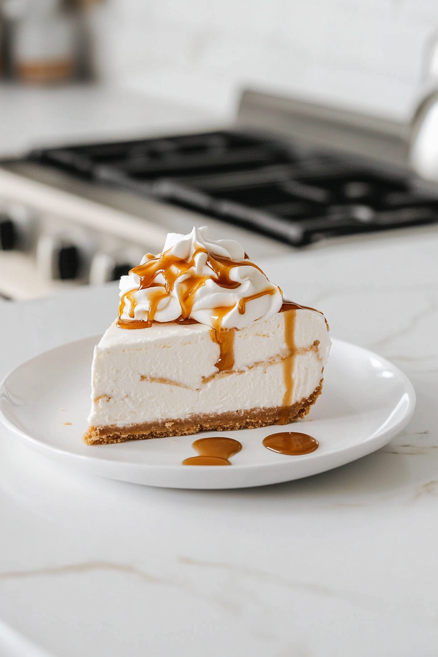 A decadent slice of butterbeer cheesecake is plated on a white dessert plate on the white marble cooktop. The distinct layers are visible, crowned with cool whip and butterscotch drizzle. It looks indulgent and ready to be savored.