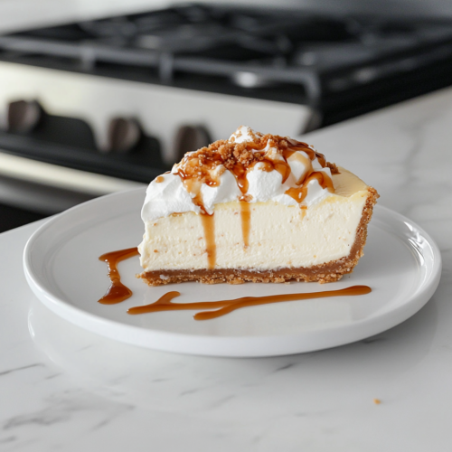 A decadent slice of butterbeer cheesecake is plated on a white dessert plate on the white marble cooktop. The distinct layers are visible, crowned with cool whip and butterscotch drizzle. It looks indulgent and ready to be savored.