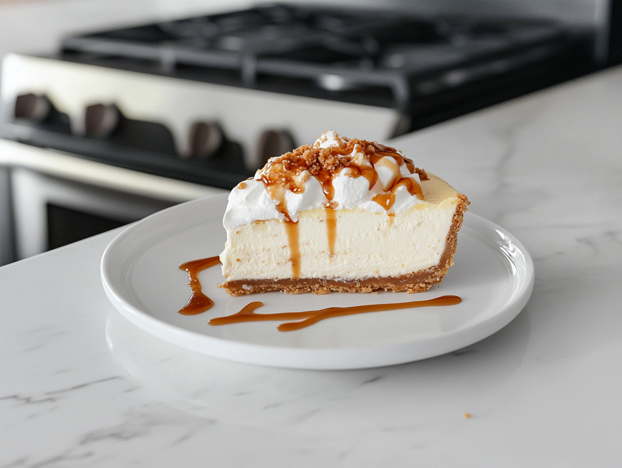 A decadent slice of butterbeer cheesecake is plated on a white dessert plate on the white marble cooktop. The distinct layers are visible, crowned with cool whip and butterscotch drizzle. It looks indulgent and ready to be savored.