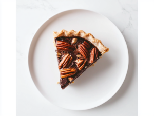 A slice of chocolate pecan pie is served on a white dessert plate placed on the white marble cooktop. The filling appears rich and gooey, with visible chocolate chips and pecans, and the flaky golden crust is crisp and inviting.