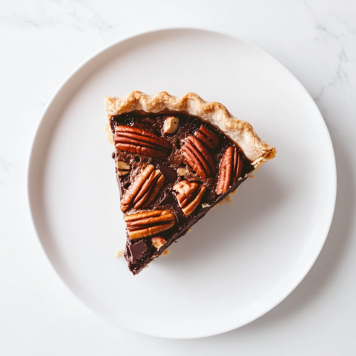 A slice of chocolate pecan pie is served on a white dessert plate placed on the white marble cooktop. The filling appears rich and gooey, with visible chocolate chips and pecans, and the flaky golden crust is crisp and inviting.