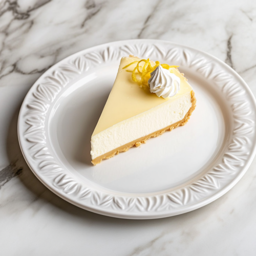 A single slice of no-bake lemon cheesecake sits elegantly on a white dessert plate atop the white marble cooktop. The creamy, pale yellow filling contrasts beautifully with the golden crust, topped with a delicate garnish of lemon zest.