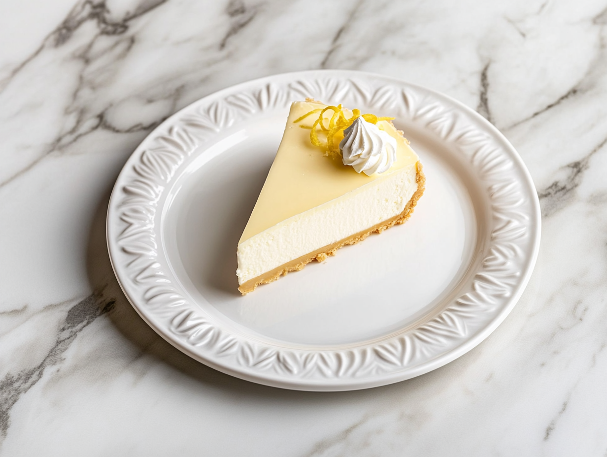 A single slice of no-bake lemon cheesecake sits elegantly on a white dessert plate atop the white marble cooktop. The creamy, pale yellow filling contrasts beautifully with the golden crust, topped with a delicate garnish of lemon zest.