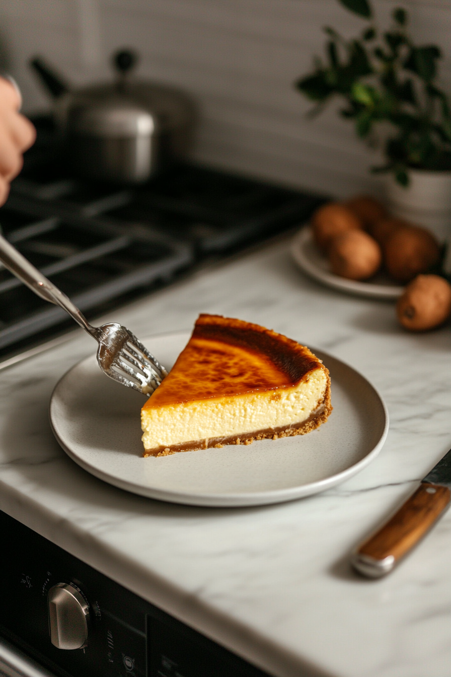 Slice of brûléed cheesecake being plated on a white marble cooktop. The cheesecake has a caramelized top, rich filling, and a perfectly set crust, ready to serve.