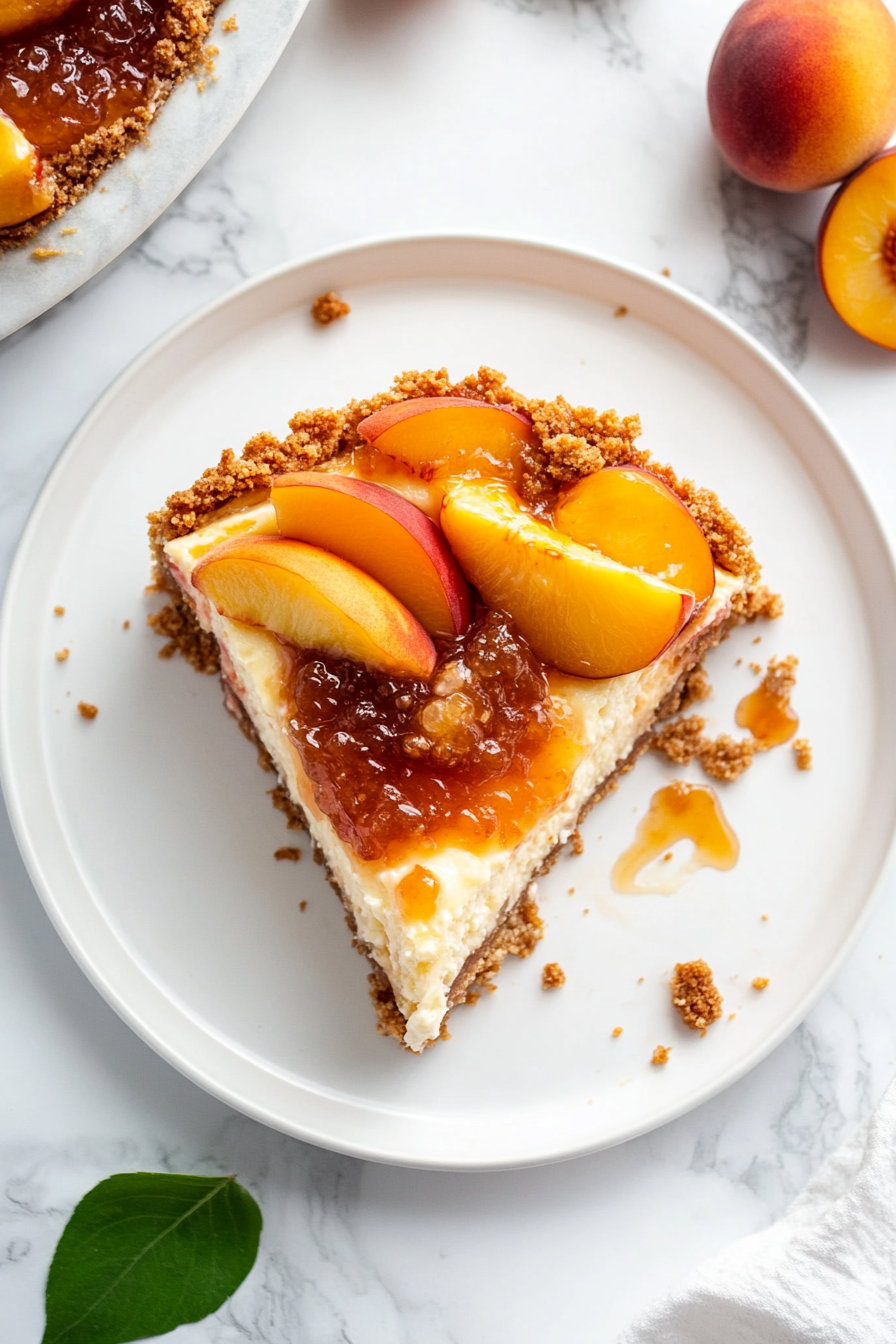 A single slice of peach cobbler cheesecake is served on a white dessert plate, showcasing its layered structure with a creamy peach filling, golden crust, and fluffy topping. The slice is garnished with fresh peach slices and a glossy drizzle of peach preserves, placed on the white marble cooktop for an elegant presentation.